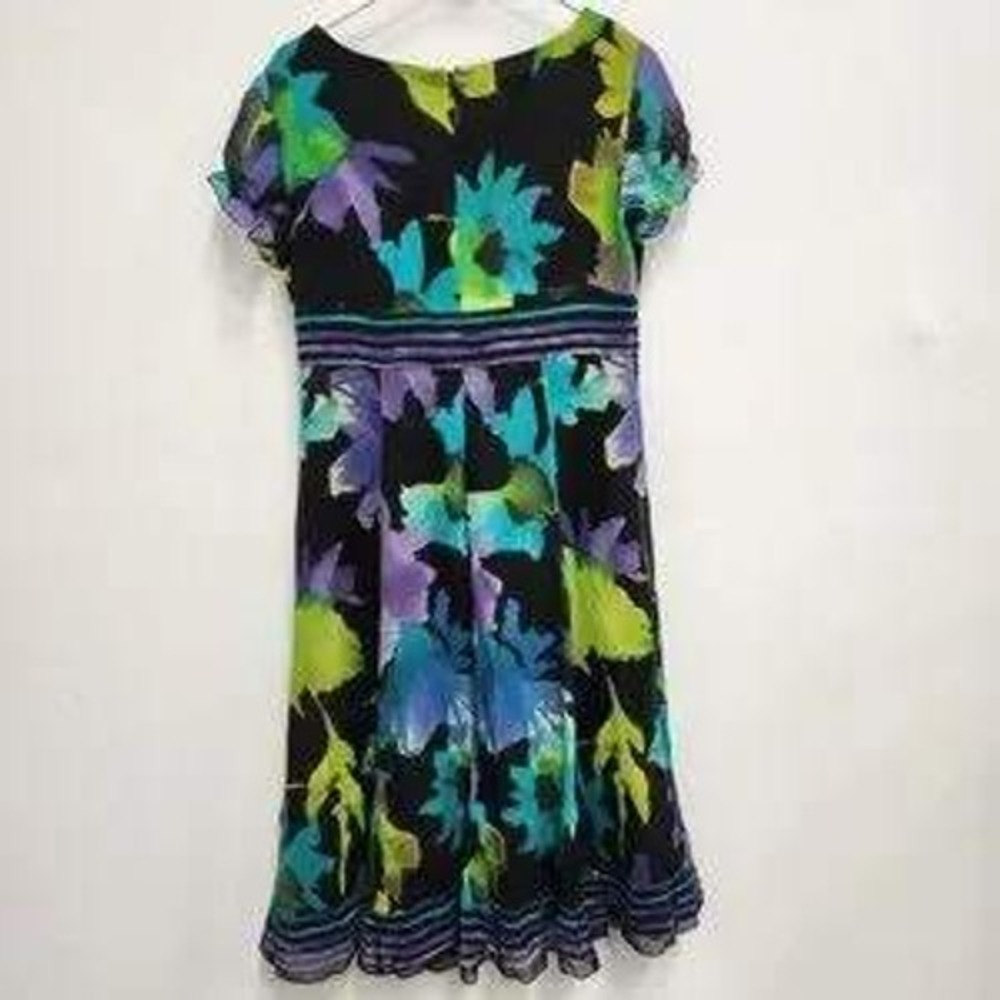 VTG Y2K Jones New York Dress Womens 12 Black Floral Silk Empire Waist Midi - Picture 2 of 11
